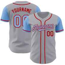 Load image into Gallery viewer, Custom Gray Light Blue-Red Authentic Two Tone Baseball Jersey

