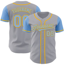 Load image into Gallery viewer, Custom Gray Light Blue-Gold Authentic Two Tone Baseball Jersey
