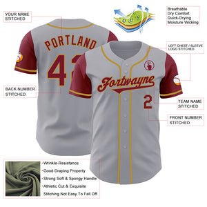 Custom Gray Crimson-Old Gold Authentic Two Tone Baseball Jersey