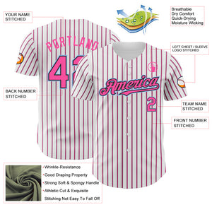 Custom White (Black Pink Pinstripe) Pink Black-Light Blue Authentic Baseball Jersey