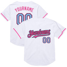 Load image into Gallery viewer, Custom White Light Blue Black-Pink Mesh Authentic Throwback Baseball Jersey
