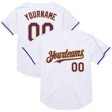 Load image into Gallery viewer, Custom White Purple-Gold Mesh Authentic Throwback Baseball Jersey
