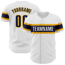 Load image into Gallery viewer, Custom White Navy-Gold Authentic Baseball Jersey
