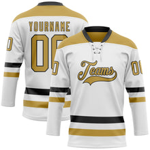 Load image into Gallery viewer, Custom White Old Gold-Black Hockey Lace Neck Jersey
