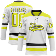 Load image into Gallery viewer, Custom White Neon Yellow-Black Hockey Lace Neck Jersey
