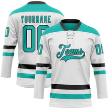 Load image into Gallery viewer, Custom White Aqua-Black Hockey Lace Neck Jersey

