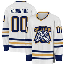 Load image into Gallery viewer, Custom White Navy-Old Gold Hockey Jersey

