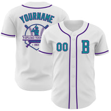 Load image into Gallery viewer, Custom White Teal-Purple Authentic Baseball Jersey
