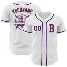 Load image into Gallery viewer, Custom White Purple-Old Gold Authentic Baseball Jersey

