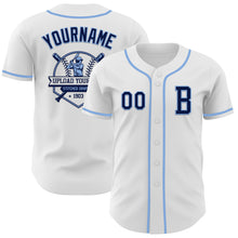 Load image into Gallery viewer, Custom White Navy-Light Blue Authentic Baseball Jersey
