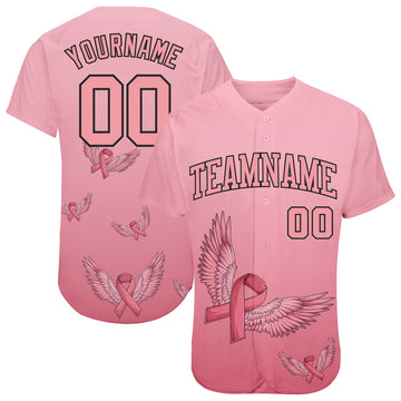 Custom 3D Pink Ribbon With Angel Wings Breast Cancer Awareness Month Women Health Care Support Authentic Baseball Jersey
