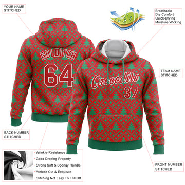 Custom Stitched Red Red-Kelly Green 3D Christmas Trees Sports Pullover Sweatshirt Hoodie