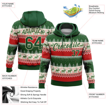 Custom Stitched Red Green-Cream 3D Christmas Reindeers Sports Pullover Sweatshirt Hoodie