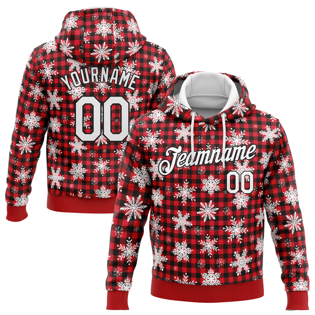 Custom Stitched Red White-Black 3D Christmas Plaid And Snow Sports Pullover Sweatshirt Hoodie