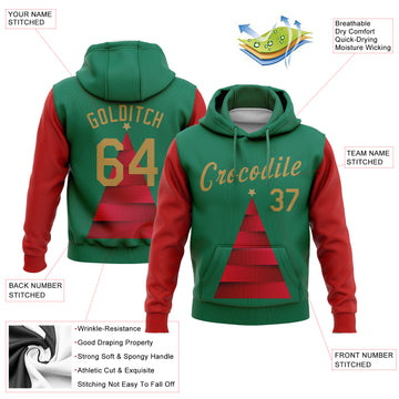Custom Stitched Kelly Green Old Gold-Red 3D Christmas Tree Sports Pullover Sweatshirt Hoodie