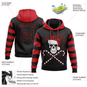 Custom Stitched Red Black-White 3D Skulls And Christmas Santa's Hat Sports Pullover Sweatshirt Hoodie