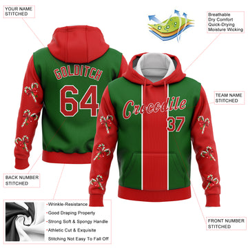 Custom Stitched Kelly Green Red-White 3D Christmas Candy Canes Sports Pullover Sweatshirt Hoodie