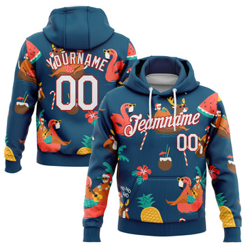 Custom Stitched Navy White-Red 3D Tropical Christmas Santas With Reindeers And Flamingos Sports Pullover Sweatshirt Hoodie