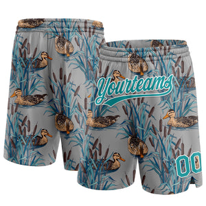 Custom Gray Teal-White 3D Pattern Hawaii Cattail And Duck Authentic Basketball Shorts