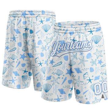 Custom White Light Blue 3D Pattern Starfishs And Shells Authentic Basketball Shorts