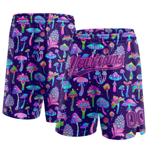 Custom Black Purple-Pink 3D Pattern Colorful Flowers And Mushrooms Psychedelic Hallucination Authentic Basketball Shorts