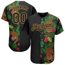 Load image into Gallery viewer, Custom Black Old Gold 3D Pattern Design Hawaii Tropical Tiger Authentic Baseball Jersey
