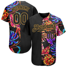 Load image into Gallery viewer, Custom Black Old Gold 3D Pattern Design Hawaii Tropical Palm Leaves Authentic Baseball Jersey
