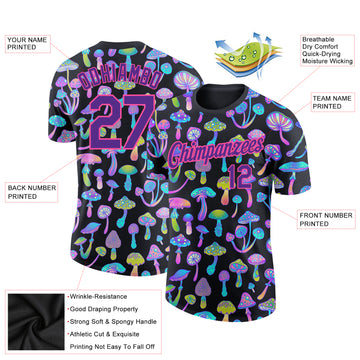 Custom Black Purple-Pink 3D Pattern Design Magic Mushrooms Psychedelic Hallucination Performance T-Shirt