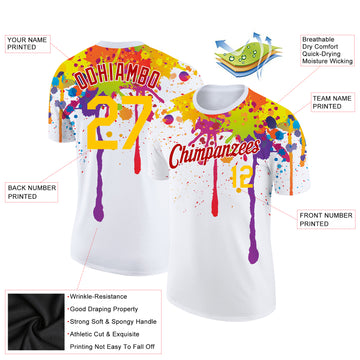 Custom White Yellow-Red 3D Pattern Design Colorful Bright Ink Splashes Performance T-Shirt