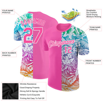 Custom Pink White 3D Pattern Design Tropical Palm Leaves Performance T-Shirt
