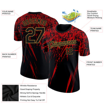 Custom Black Red-Old Gold 3D Pattern Design Performance T-Shirt