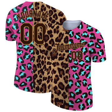 Custom Pink Brown-Old Gold 3D Pattern Design Leopard Performance T-Shirt