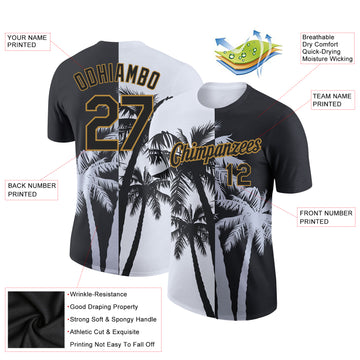 Custom White Black-Old Gold 3D Pattern Design Hawaii Coconut Trees Performance T-Shirt