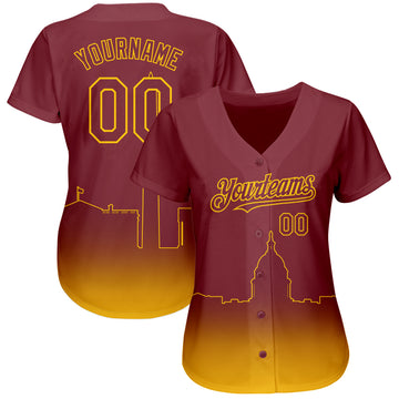 Custom Burgundy Yellow 3D Washington City Edition Fade Fashion Authentic Baseball Jersey