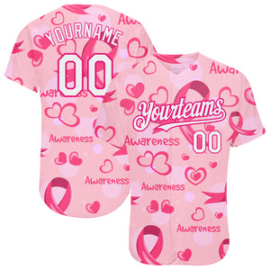 Custom Pink White-Hot Pink 3D Pink Ribbon Breast Cancer Awareness Month Women Health Care Support Authentic Baseball Jersey