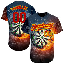 Load image into Gallery viewer, Custom Black Red-Gold 3D Pattern Design Flame Dart Board Authentic Baseball Jersey
