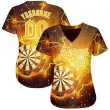 Load image into Gallery viewer, Custom Black Gold-White 3D Pattern Design Lightning Flame Dart Board Authentic Baseball Jersey
