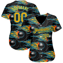 Load image into Gallery viewer, Custom Black Gold-Lakes Blue 3D Pattern Design Bowling Ball With Hotrod Flame Authentic Baseball Jersey
