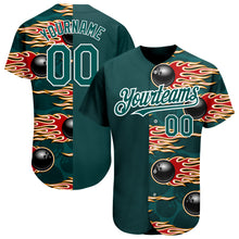 Load image into Gallery viewer, Custom Midnight Green White 3D Pattern Design Bowling Ball With Hotrod Flame Authentic Baseball Jersey
