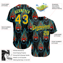Load image into Gallery viewer, Custom Black Gold-Lakes Blue 3D Pattern Design Bowling Ball With Hotrod Flame Authentic Baseball Jersey
