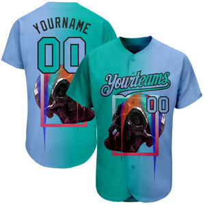 Custom Light Blue Aqua-Black 3D Skull Gradient Fashion Authentic Baseball Jersey