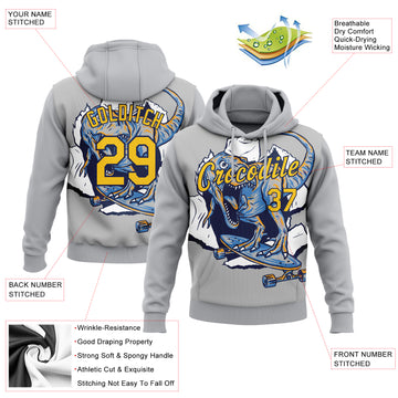 Custom Stitched Light Gray Yellow-Navy 3D Pattern Design Dinosaur Sports Pullover Sweatshirt Hoodie