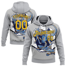 Load image into Gallery viewer, Custom Stitched Light Gray Yellow-Navy 3D Pattern Design Dinosaur Sports Pullover Sweatshirt Hoodie
