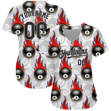 Custom White Black-Gray 3D Pattern Design Flaming Billiards Snooker 8 Ball Authentic Baseball Jersey
