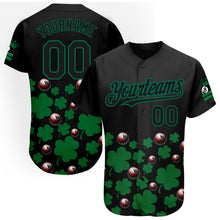 Load image into Gallery viewer, Custom Black Green 3D Pattern Design Clovers And Billiards Balls St. Patrick&#39;s Day Authentic Baseball Jersey
