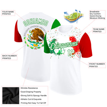Custom White Grass Green-Red 3D Mexican Flag Splashes Performance T-Shirt