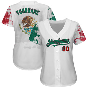 Custom White Red Kelly Green-Black 3D Mexican Flag Grunge Design Authentic Baseball Jersey