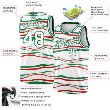Custom White Kelly Green-Red 3D Mexican Flag Authentic Basketball Jersey