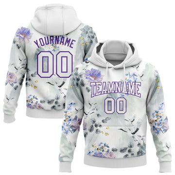 Custom Stitched White Purple 3D Pattern Design Crane And Flower Sports Pullover Sweatshirt Hoodie