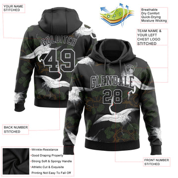 Custom Stitched Black Gray 3D Pattern Design Crane And Green Pine Tree Sports Pullover Sweatshirt Hoodie